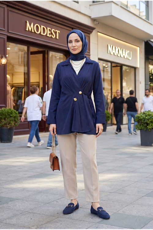 Kadın Lacivert Kruvaze Yandan Bağlamalı Tesettür Tunik Şık Modern Ofis Günlük Kadın Tunik