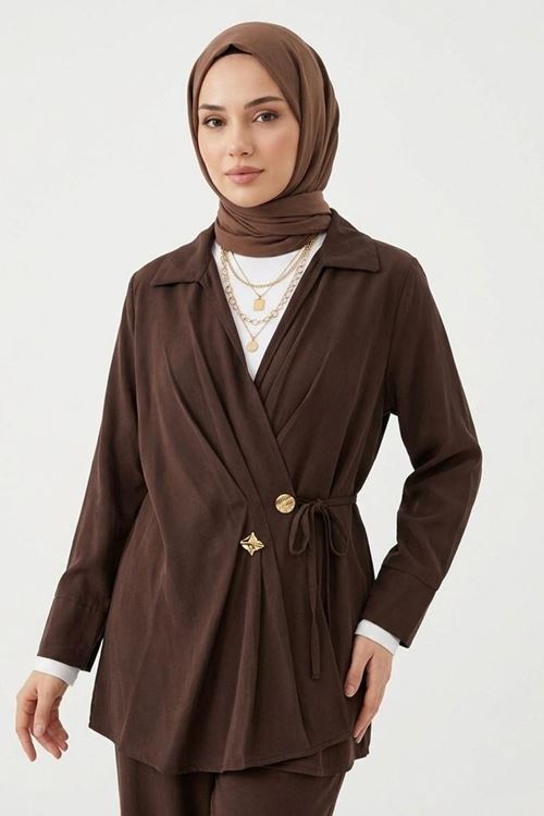 Kadın Kahve Kruvaze Yandan Bağlamalı Tesettür Tunik Şık Modern Ofis Günlük Kadın Tunik