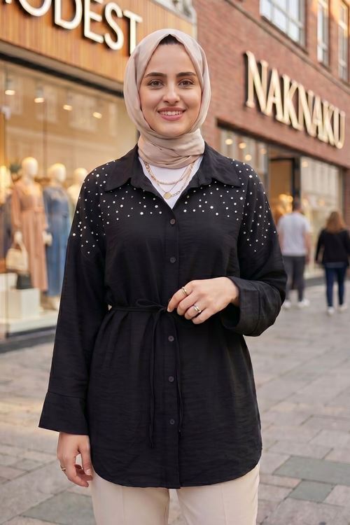 Kadın Siyah Yeni Sezon Roba Taş Detaylı Kuşaklı Tesettür Tunik Düğmeli Şık Günlük Kadın Tunik