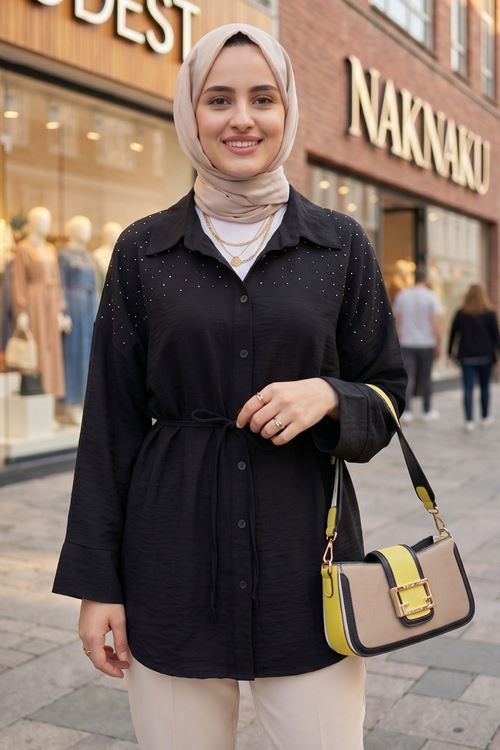 Kadın Siyah Yeni Sezon Roba Taş Detaylı Kuşaklı Tesettür Tunik Düğmeli Şık Günlük Kadın Tunik