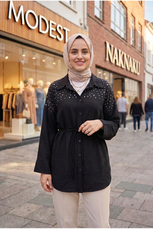 Kadın Siyah Yeni Sezon Roba Taş Detaylı Kuşaklı Tesettür Tunik Düğmeli Şık Günlük Kadın Tunik