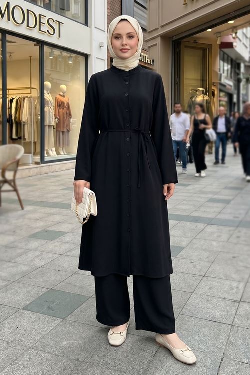 Kadın Siyah Hakim Yaka Kuşaklı Uzun Boydan Düğmeli Rahat Kalıp Tesettür Tunik Pantolon Takım