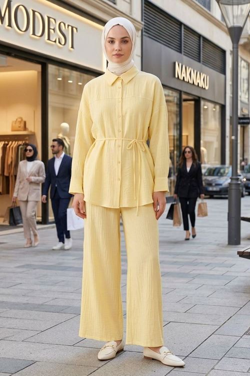 Kadın Yeni Sezon Kuşaklı İkili Tesettür Takım Sarı Renk Rahat Kalıp Yazlık Kadın Tesettür Takım