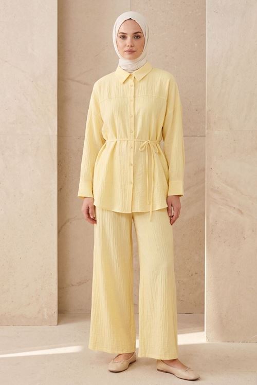 Kadın Yeni Sezon Kuşaklı İkili Tesettür Takım Sarı Renk Rahat Kalıp Yazlık Kadın Tesettür Takım