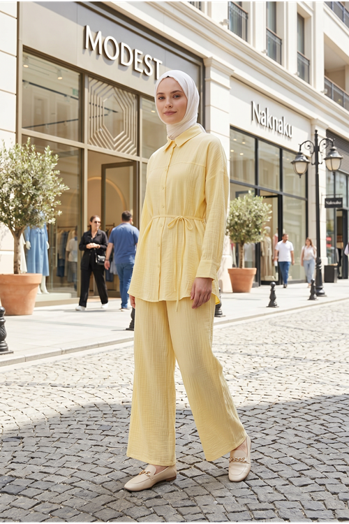 Kadın Yeni Sezon Kuşaklı İkili Tesettür Takım Sarı Renk Rahat Kalıp Yazlık Kadın Tesettür Takım