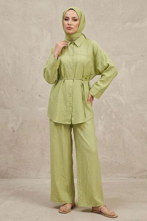 Kadın Yeni Sezon Kuşaklı İkili Tesettür Takım Yağ Yeşili Renk Rahat Kalıp Yazlık Kadın Tesettür Takım