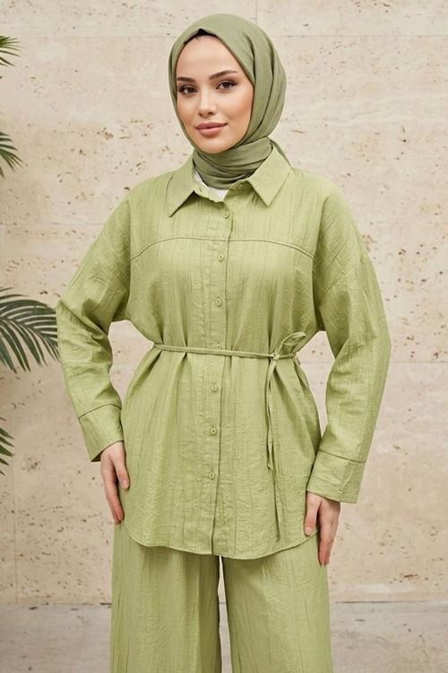 Kadın Yeni Sezon Kuşaklı İkili Tesettür Takım Yağ Yeşili Renk Rahat Kalıp Yazlık Kadın Tesettür Takım