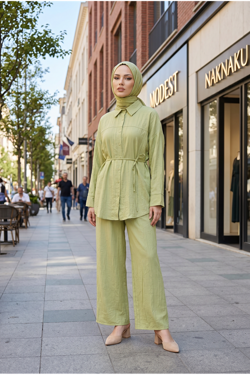Kadın Yeni Sezon Kuşaklı İkili Tesettür Takım Yağ Yeşili Renk Rahat Kalıp Yazlık Kadın Tesettür Takım
