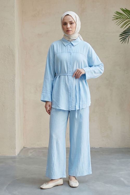 Kadın Yeni Sezon Kuşaklı İkili Tesettür Takım Bebe Mavisi Renk Rahat Kalıp Yazlık Kadın Tesettür Takım