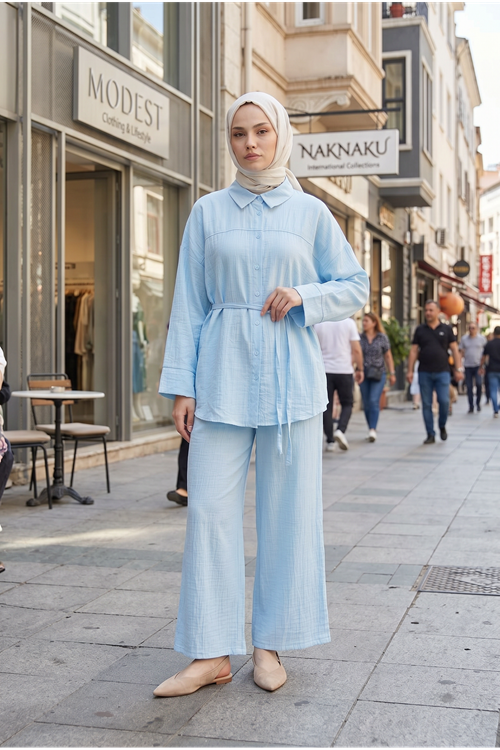 Kadın Yeni Sezon Kuşaklı İkili Tesettür Takım Bebe Mavisi Renk Rahat Kalıp Yazlık Kadın Tesettür Takım