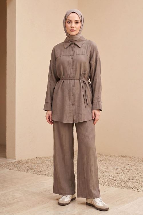 Kadın Yeni Sezon Kuşaklı İkili Tesettür Takım Duman Renk Rahat Kalıp Yazlık Kadın Tesettür Takım