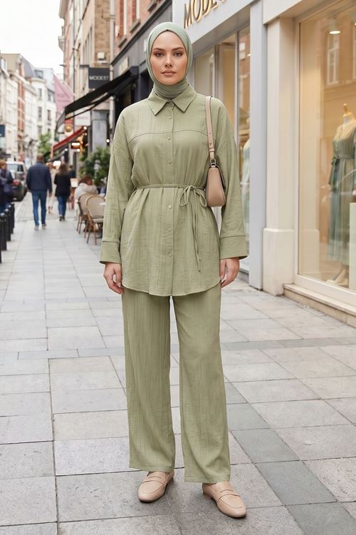 Kadın Yeni Sezon Kuşaklı İkili Tesettür Takım Haki Renk Rahat Kalıp Yazlık Kadın Tesettür Takım