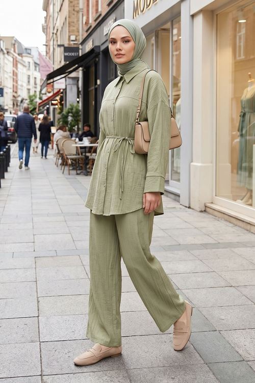Kadın Yeni Sezon Kuşaklı İkili Tesettür Takım Haki Renk Rahat Kalıp Yazlık Kadın Tesettür Takım