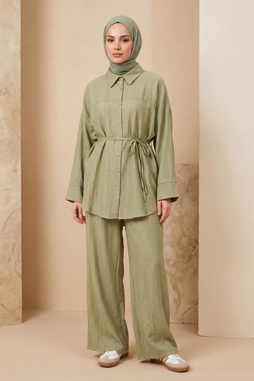 Kadın Yeni Sezon Kuşaklı İkili Tesettür Takım Haki Renk Rahat Kalıp Yazlık Kadın Tesettür Takım