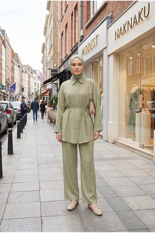 Kadın Yeni Sezon Kuşaklı İkili Tesettür Takım Haki Renk Rahat Kalıp Yazlık Kadın Tesettür Takım