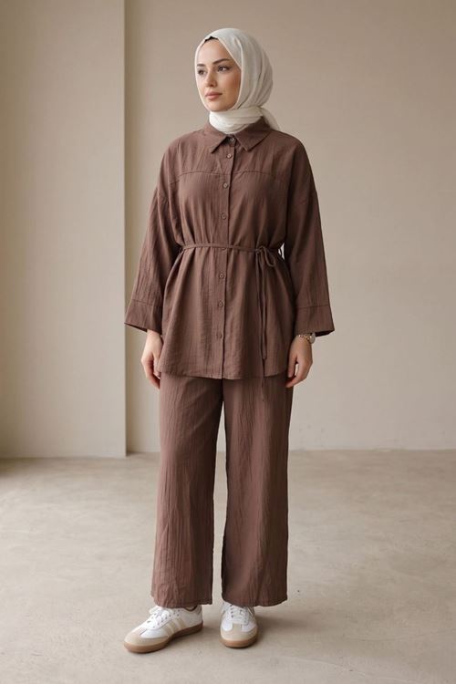 Kadın Yeni Sezon Kuşaklı İkili Tesettür Takım Kahve Renk Rahat Kalıp Yazlık Kadın Tesettür Takım