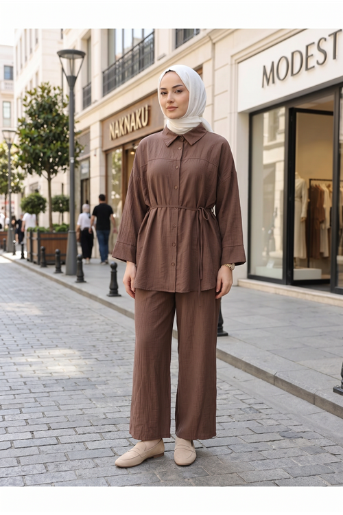 Kadın Yeni Sezon Kuşaklı İkili Tesettür Takım Kahve Renk Rahat Kalıp Yazlık Kadın Tesettür Takım