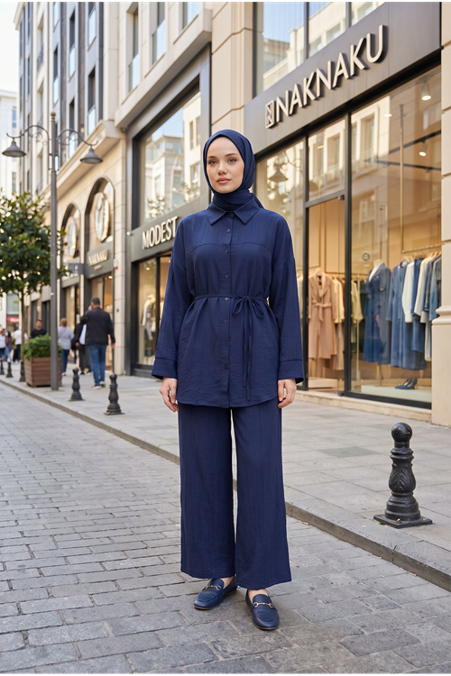 Kadın Yeni Sezon Kuşaklı İkili Tesettür Takım Lacivert Renk Rahat Kalıp Yazlık Kadın Tesettür Takım