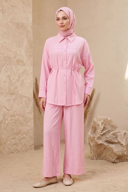 Kadın Yeni Sezon Kuşaklı İkili Tesettür Takım Pembe Renk Rahat Kalıp Yazlık Kadın Tesettür Takım