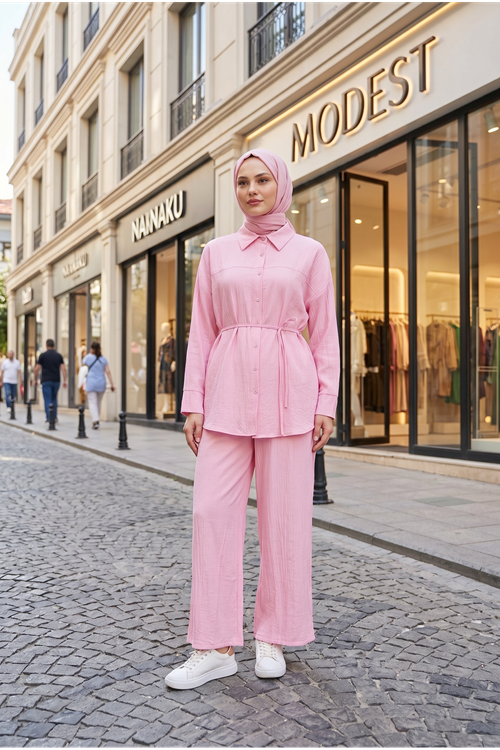 Kadın Yeni Sezon Kuşaklı İkili Tesettür Takım Pembe Renk Rahat Kalıp Yazlık Kadın Tesettür Takım