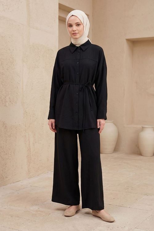 Kadın Yeni Sezon Kuşaklı İkili Tesettür Takım Siyah Renk Rahat Kalıp Yazlık Kadın Tesettür Takım