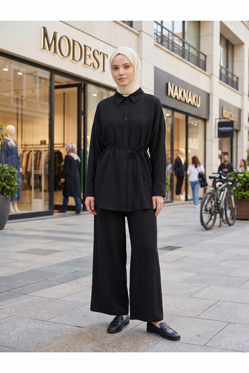 Kadın Yeni Sezon Kuşaklı İkili Tesettür Takım Siyah Renk Rahat Kalıp Yazlık Kadın Tesettür Takım
