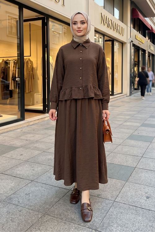 Kadın Kahve Gömlek Yaka Tunik Büzgü Detay Etekli Tesettür Alt Üst Etekli Takım