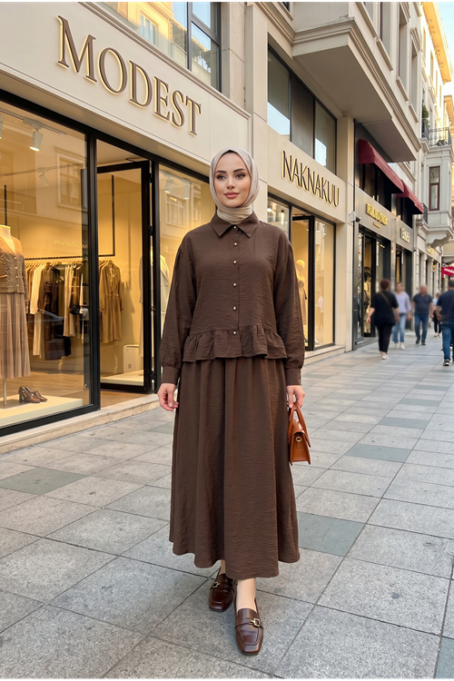 Kadın Kahve Gömlek Yaka Tunik Büzgü Detay Etekli Tesettür Alt Üst Etekli Takım