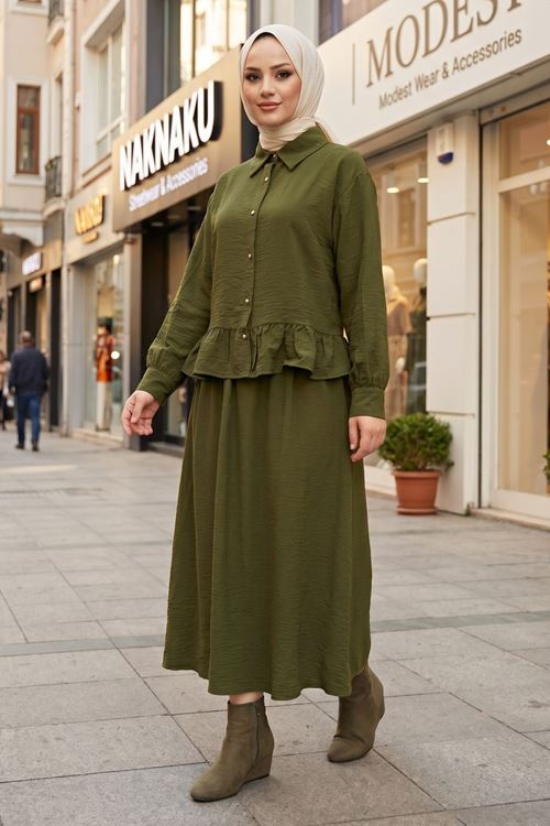 Kadın Haki Gömlek Yaka Tunik Büzgü Detay Etekli Tesettür Alt Üst Etekli Takım