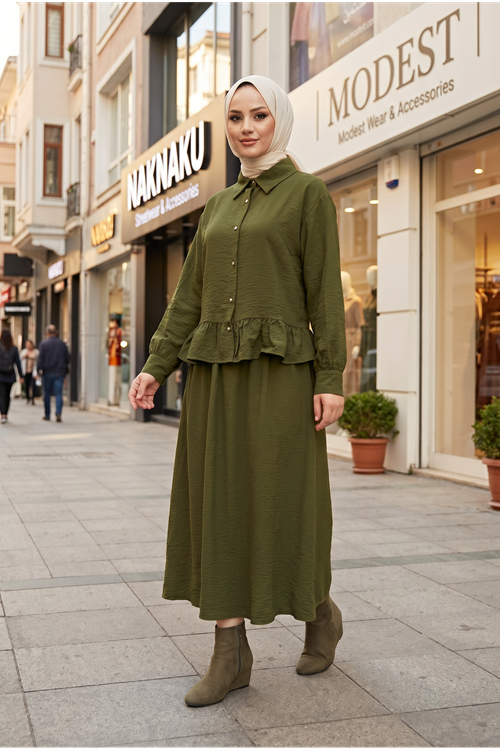 Kadın Haki Gömlek Yaka Tunik Büzgü Detay Etekli Tesettür Alt Üst Etekli Takım