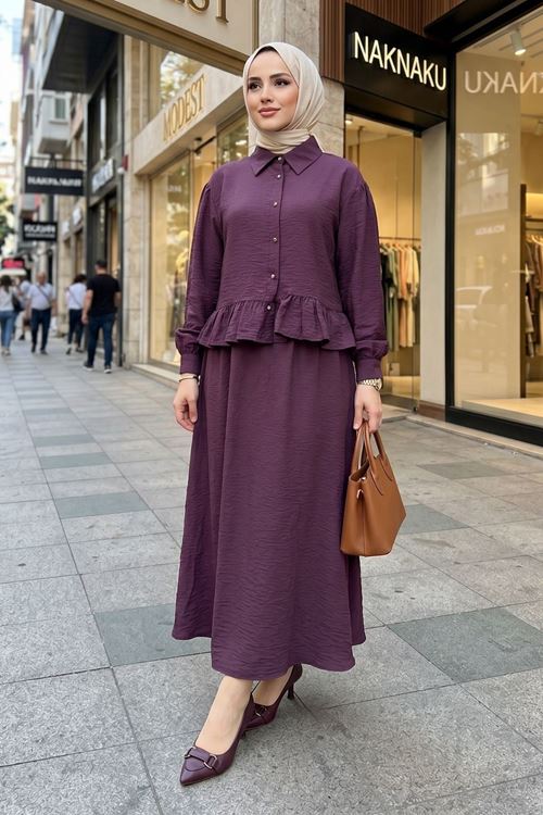 Kadın Mürdüm Gömlek Yaka Tunik Büzgü Detay Etekli Tesettür Alt Üst Etekli Takım