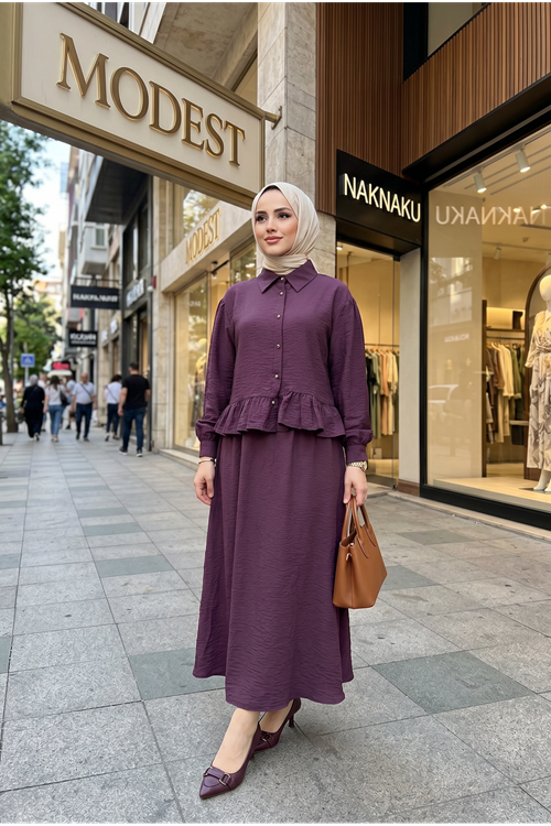 Kadın Mürdüm Gömlek Yaka Tunik Büzgü Detay Etekli Tesettür Alt Üst Etekli Takım