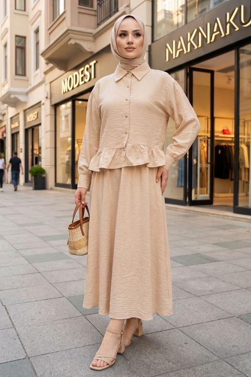 Kadın Taş Gömlek Yaka Tunik Büzgü Detay Etekli Tesettür Alt Üst Etekli Takım