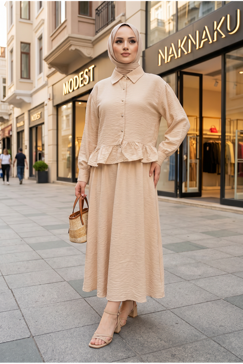 Kadın Taş Gömlek Yaka Tunik Büzgü Detay Etekli Tesettür Alt Üst Etekli Takım