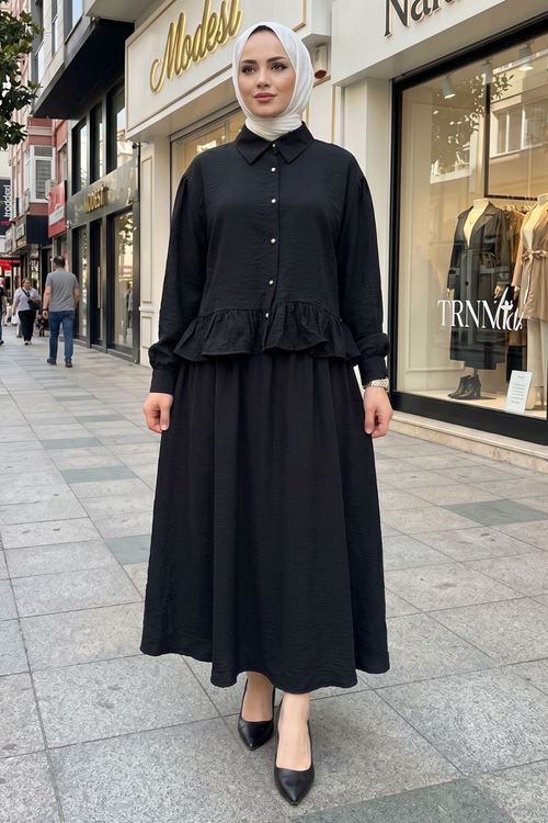 Kadın Siyah Gömlek Yaka Tunik Büzgü Detay Etekli Tesettür Alt Üst Etekli Takım