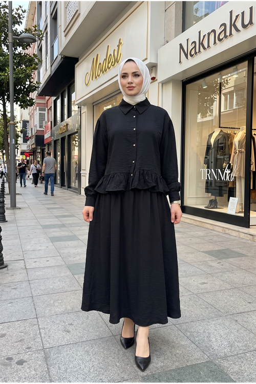 Kadın Siyah Gömlek Yaka Tunik Büzgü Detay Etekli Tesettür Alt Üst Etekli Takım
