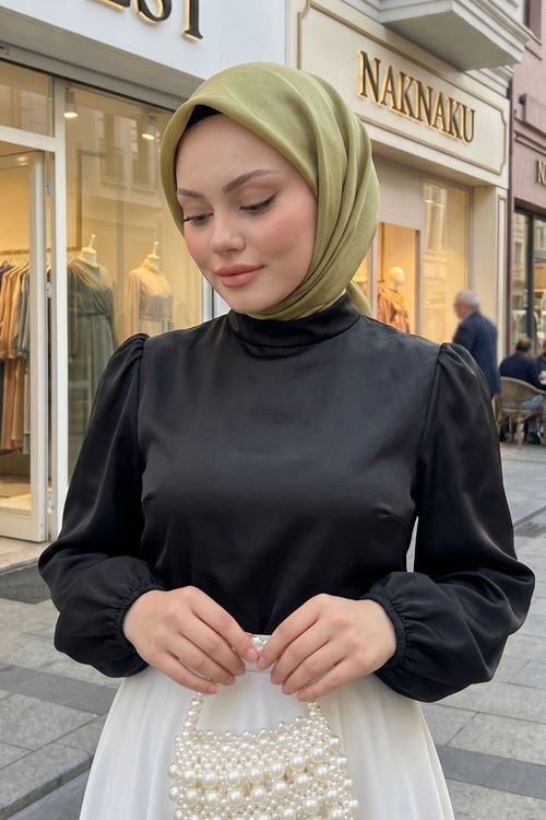 Kadın Siyah  Arka Fermuar Detay Saten Tsettür Bluz Tunik 