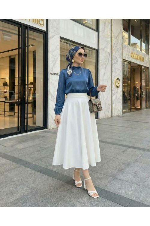 Kadın Petrol Mavisi  Arka Fermuar Detay Saten Tsettür Bluz Tunik 