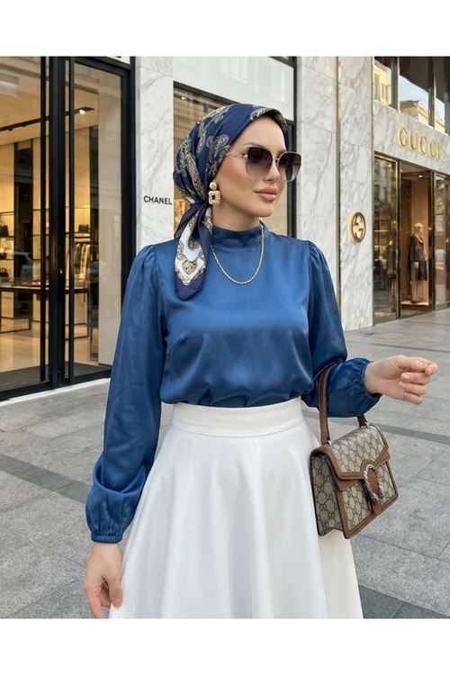 Kadın Petrol Mavisi  Arka Fermuar Detay Saten Tsettür Bluz Tunik 