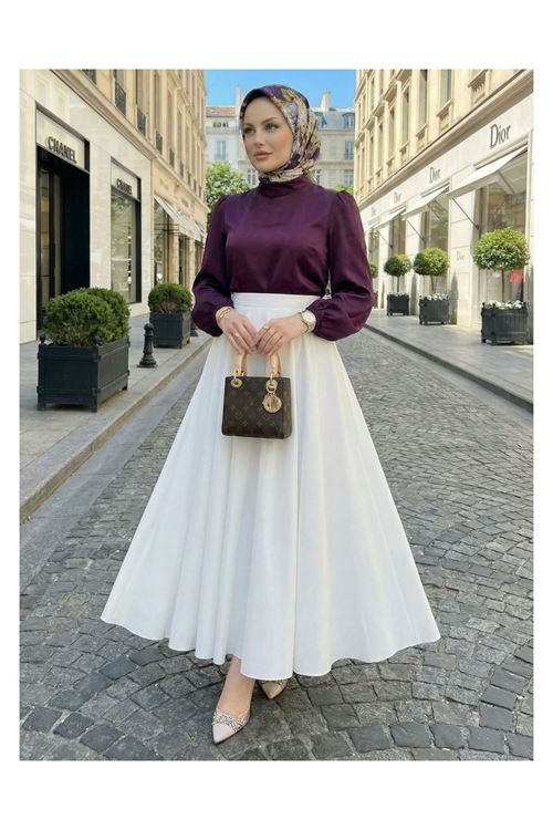 Kadın Mürdüm Arka Fermuar Detay Saten Tsettür Bluz Tunik 