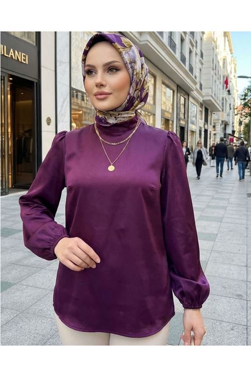 Kadın Mürdüm Arka Fermuar Detay Saten Tsettür Bluz Tunik 