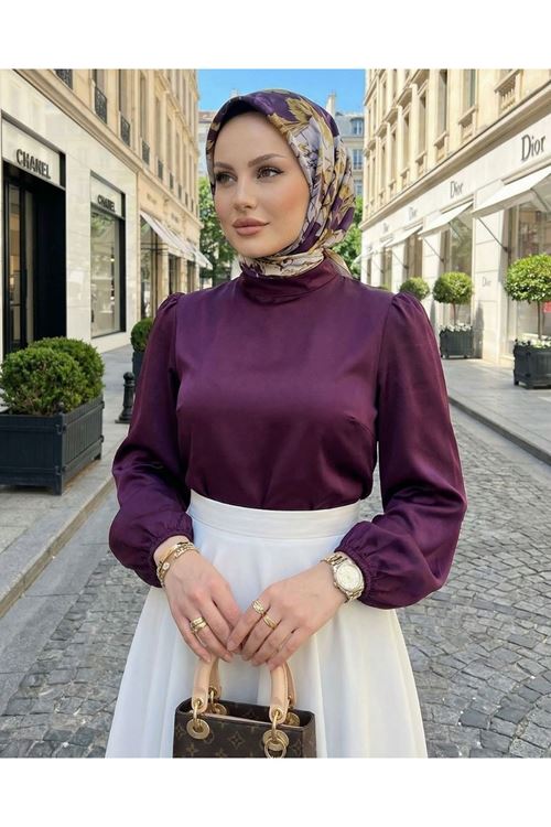 Kadın Mürdüm Arka Fermuar Detay Saten Tsettür Bluz Tunik 