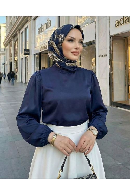 Kadın Lacivert Arka Fermuar Detay Saten Tsettür Bluz Tunik 