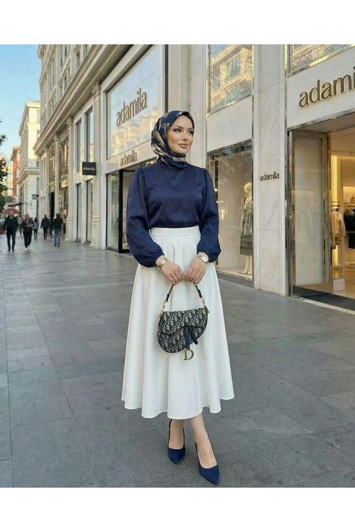 Kadın Lacivert Arka Fermuar Detay Saten Tsettür Bluz Tunik 