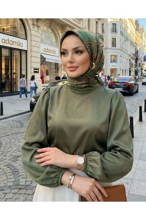 Kadın Haki Arka Fermuar Detay Saten Tsettür Bluz Tunik 