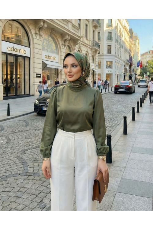 Kadın Haki Arka Fermuar Detay Saten Tsettür Bluz Tunik 