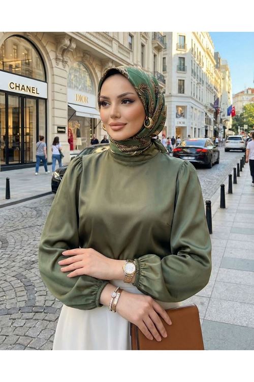 Kadın Haki Arka Fermuar Detay Saten Tsettür Bluz Tunik 