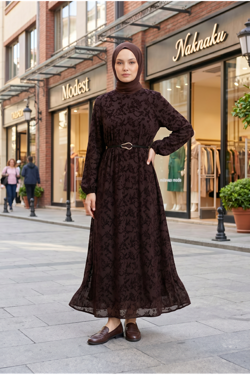 Kadın Kahve Flok Baskı Detaylı Kemerli Kolu Lastikli Tesettür Elbise 