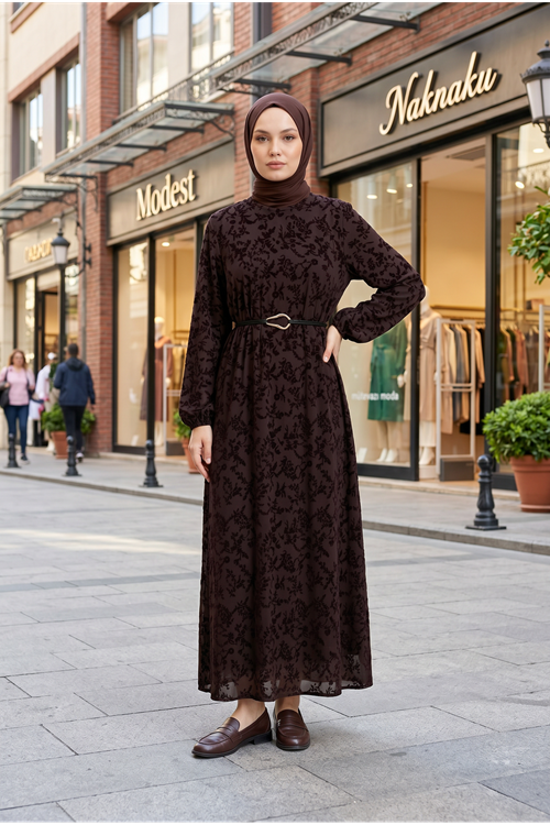 Kadın Kahve Flok Baskı Detaylı Kemerli Kolu Lastikli Tesettür Elbise 