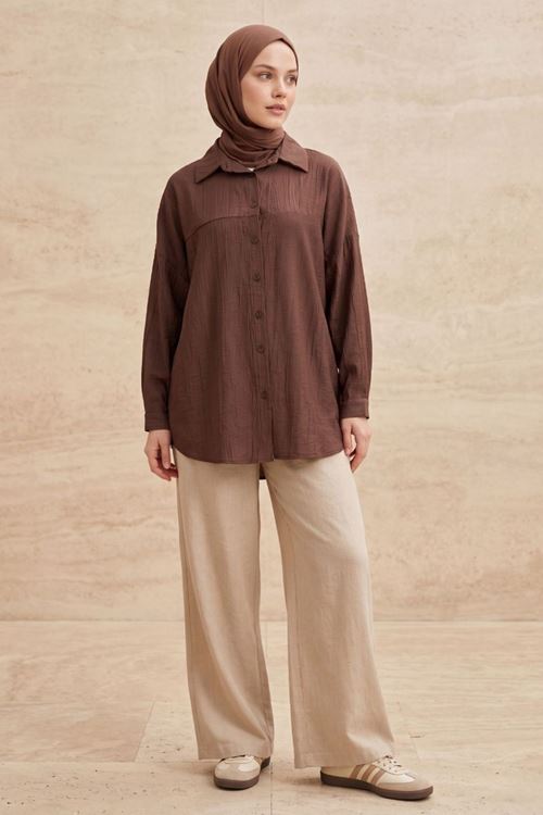 Kadın Kahverengi Tesettür Tunik Gömlek Düğmeli Rahat Kalıp Yazlık Kadın Trend Şık Tesettür Tunik